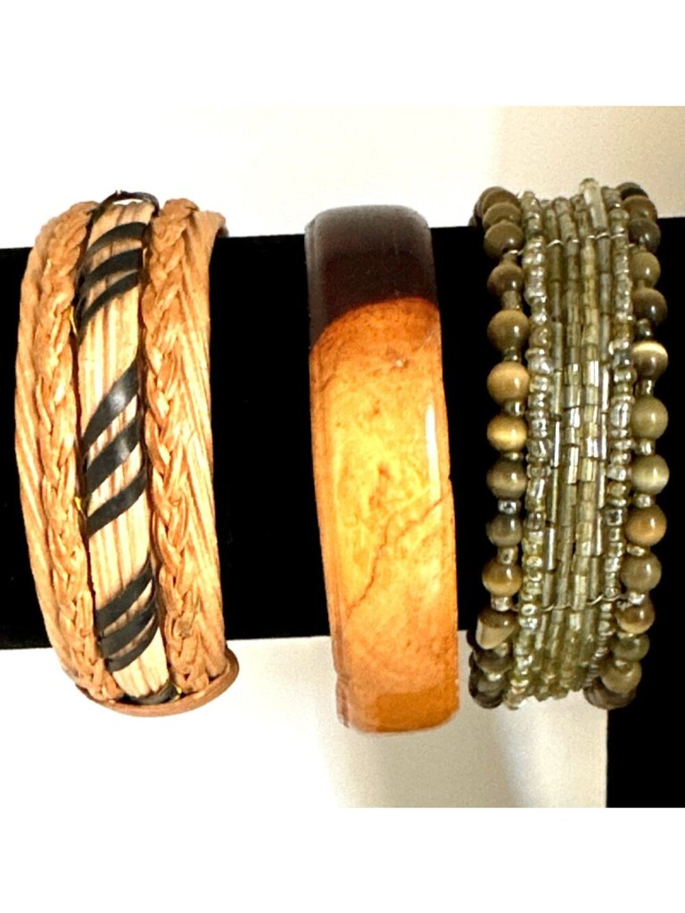 Eclectic Earthy Boho Bracelets Woven Rattan Style Beaded Woodgrain Lot Of 3